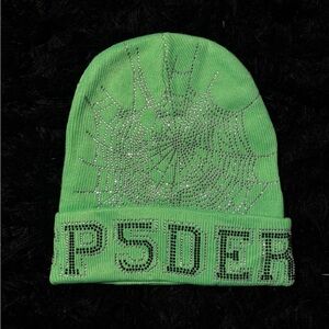 Green Spider Web Beanie with Rhinestone Design